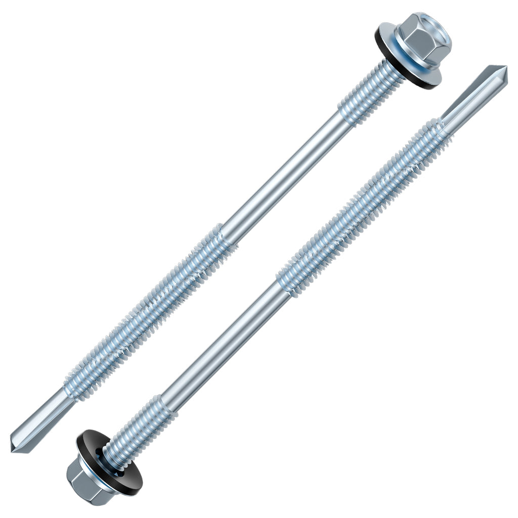 Wensilon Extended Hexagonal self-Tapping zinc-Plated Screws with Rubber washers,10mm Steel Plate can be drilled