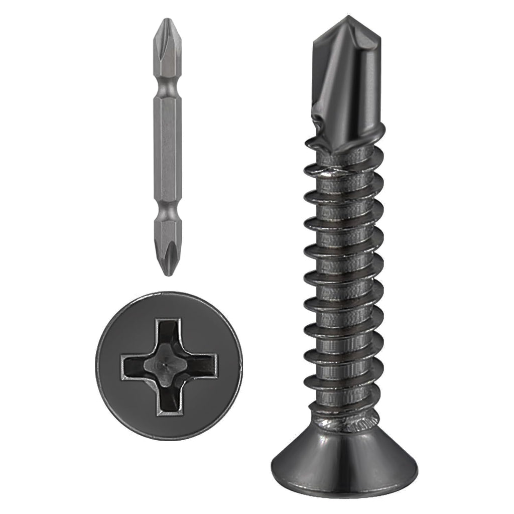 Wensilon Sheet Metal Self-Tapping Screws 410 Black Stainless Steel Flat Head High-Strength Quick self-Drilling Screws